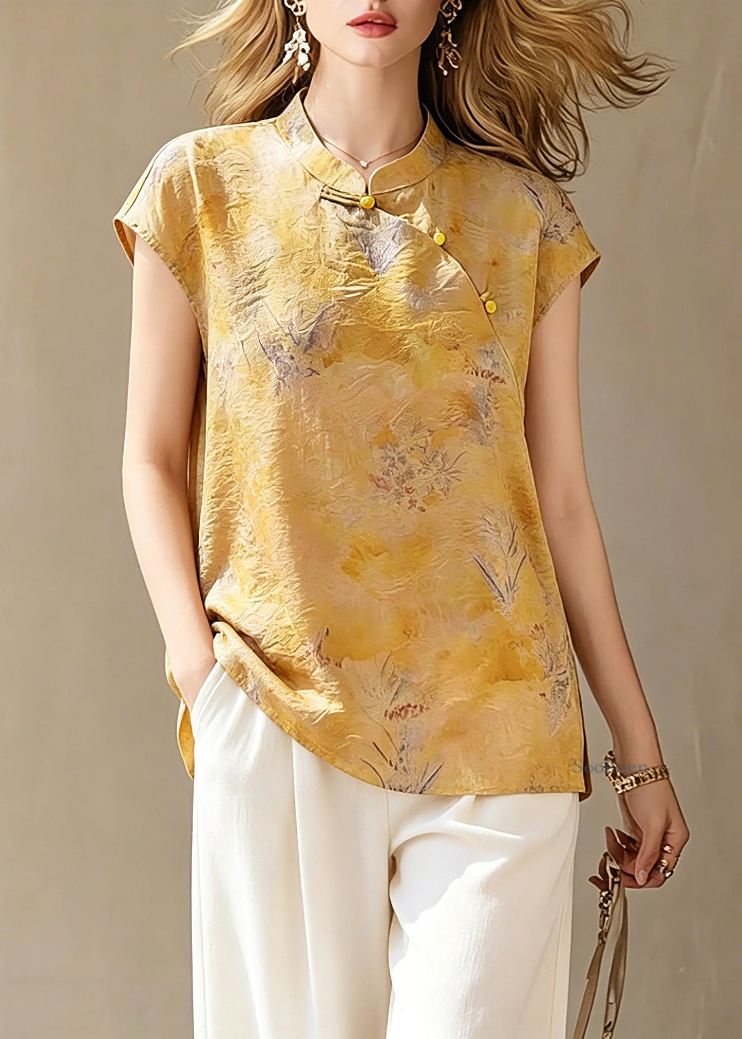 Handmade Yellow Print Button Shirts Short Sleeve