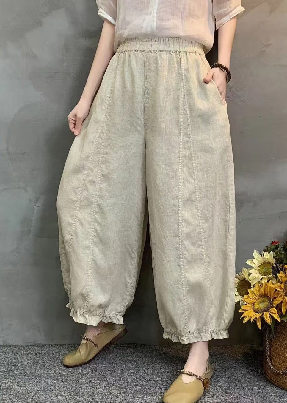 Handmade Yellow Ruffled Oversized Linen Harem Pants Summer