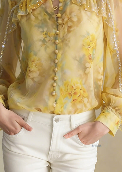 Handmade Yellow Ruffled Zircon Chiffon Button Shirt Spring