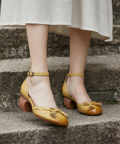 Handmade Yellow Sheepskin Bow Splicing Buckle Strap High Heels