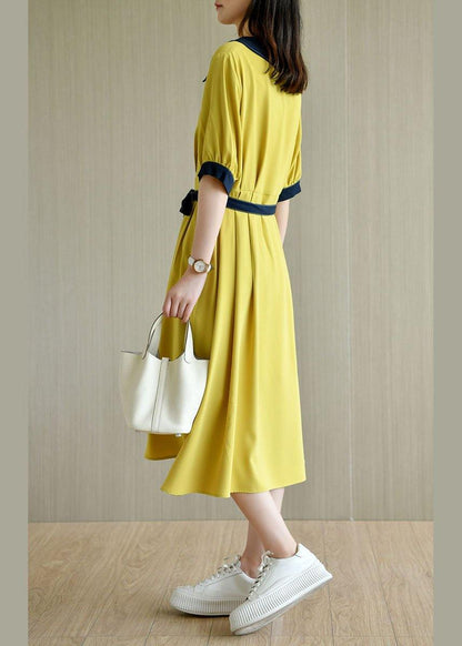 Handmade Yellow Square Collar Button Summer Chiffon Dresses Half Sleeve