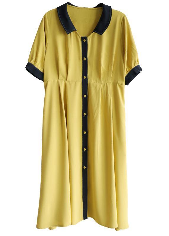 Handmade Yellow Square Collar Button Summer Chiffon Dresses Half Sleeve