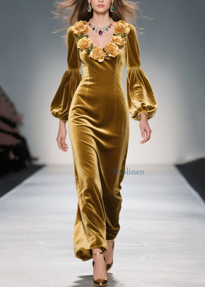 Handmade Yellow V Neck Velvet Long Dresses Spring