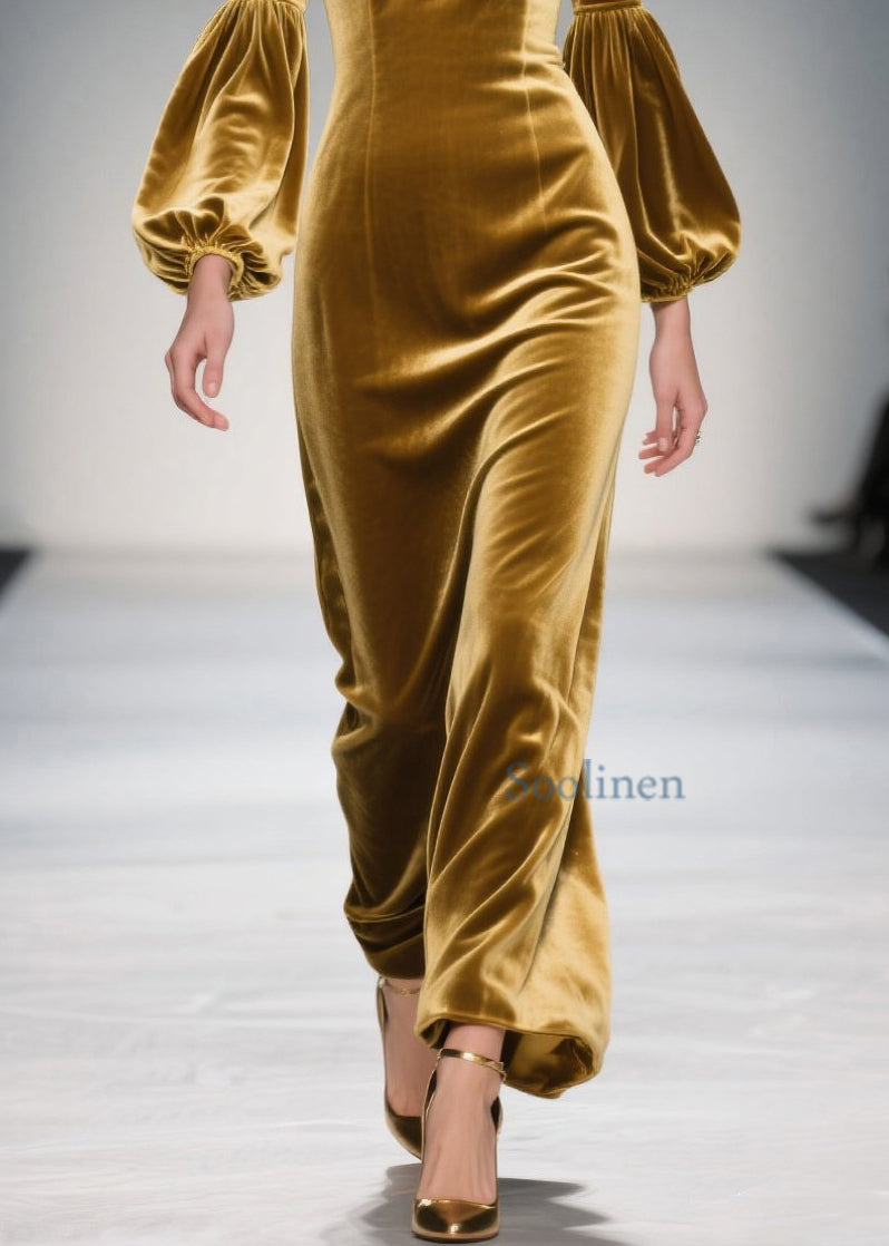 Handmade Yellow V Neck Velvet Long Dresses Spring