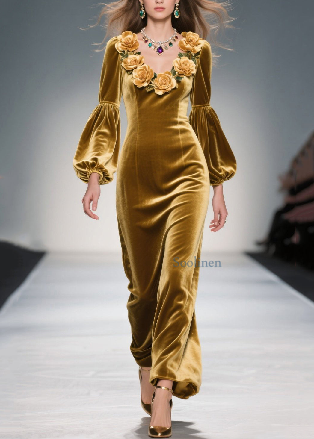 Handmade Yellow V Neck Velvet Long Dresses Spring