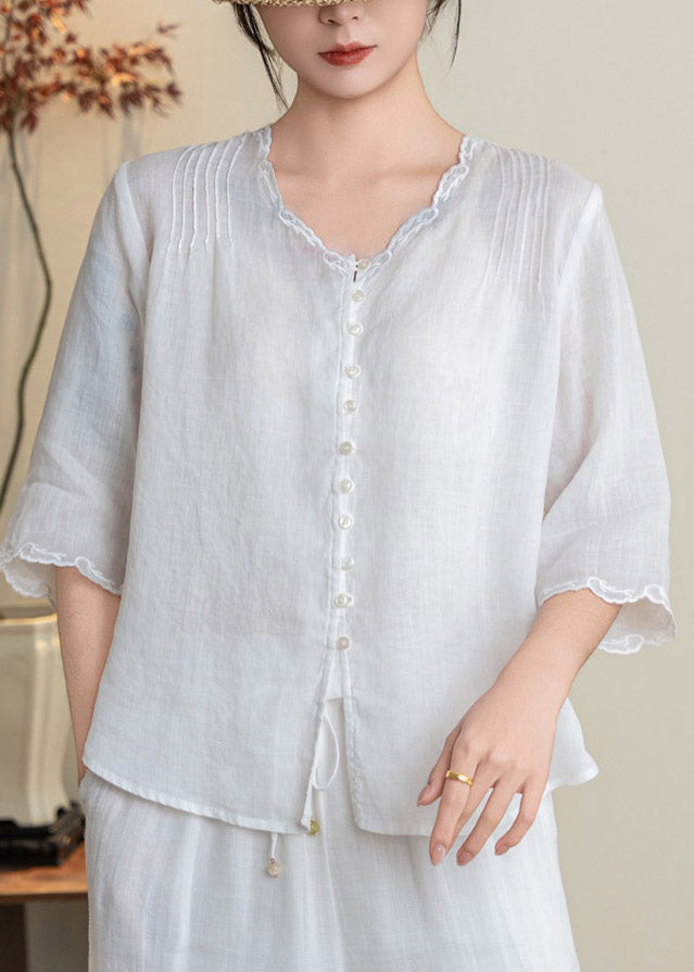 Handmade Yellow V Neck Patchwork Button Linen T Shirts Fall