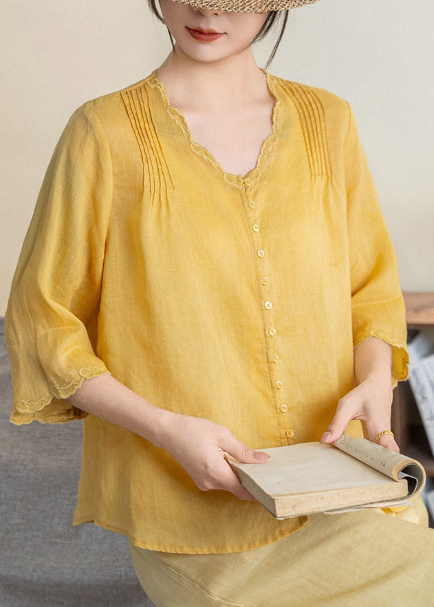 Handmade Yellow V Neck Patchwork Button Linen T Shirts Fall