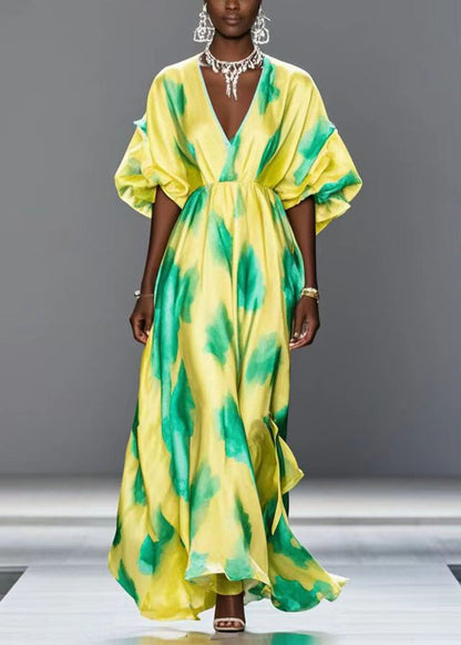 Handmade Yellow V Neck Print Silk Holiday Dress Batwing Sleeve