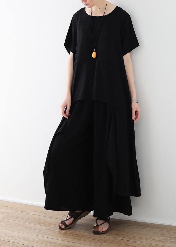 Handmade Asymmetric Tops and Wide Leg Pants Cotton 18th Century Design Black Loose Summer
