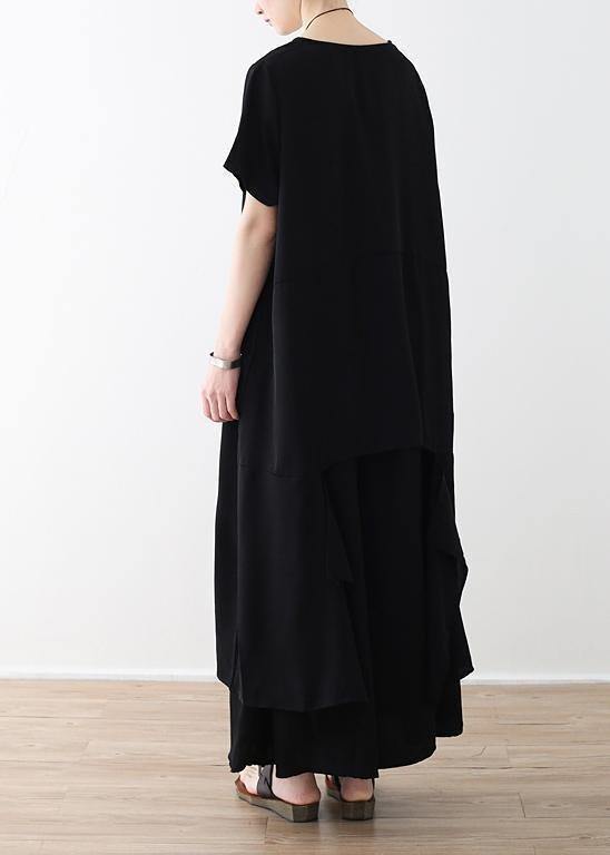 Handmade Asymmetric Tops and Wide Leg Pants Cotton 18th Century Design Black Loose Summer