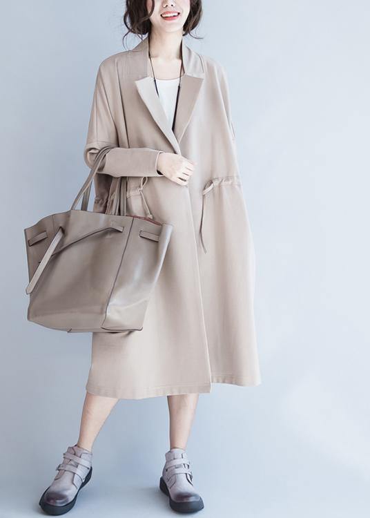 Handmade Beige Tunic Coats Design Notched Drawstring Fall Coats