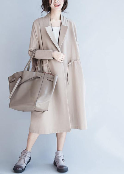Handmade Beige Tunic Coats Design Notched Drawstring Fall Coats