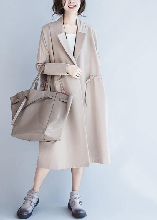 Handmade Beige Tunic Coats Design Notched Drawstring Fall Coats