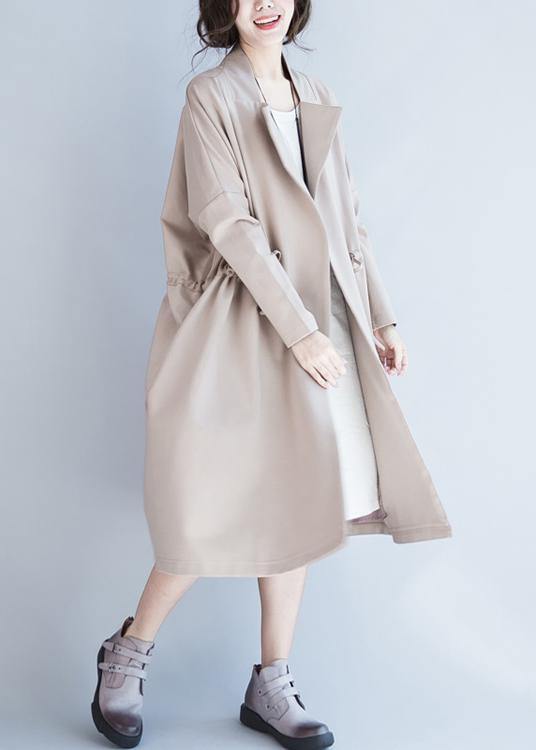 Handmade Beige Tunic Coats Design Notched Drawstring Fall Coats