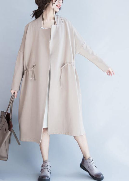 Handmade Beige Tunic Coats Design Notched Drawstring Fall Coats