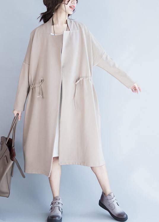 Handmade Beige Tunic Coats Design Notched Drawstring Fall Coats