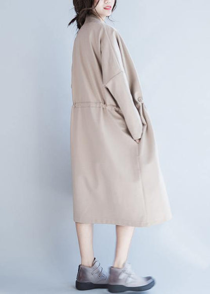 Handmade Beige Tunic Coats Design Notched Drawstring Fall Coats