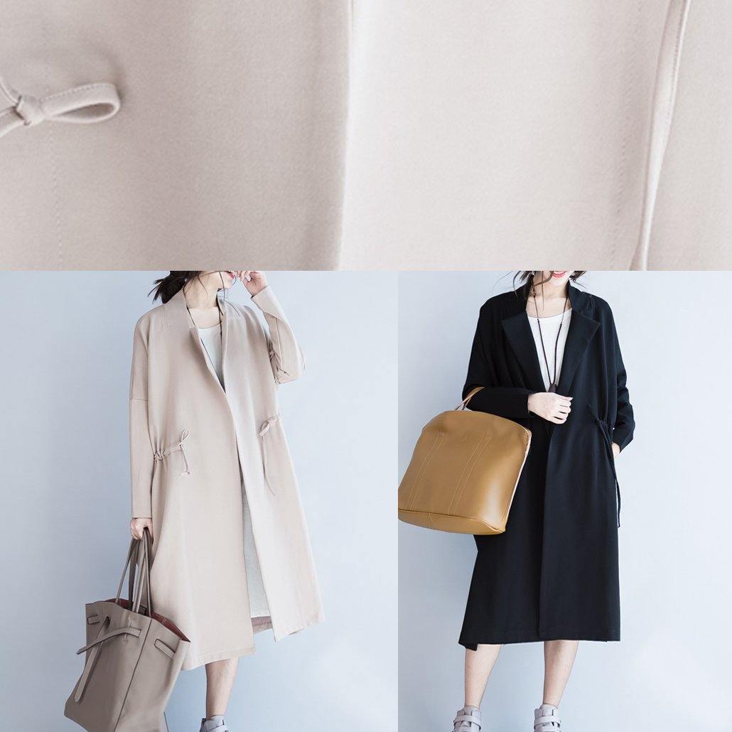 Handmade Beige Tunic Coats Design Notched Drawstring Fall Coats