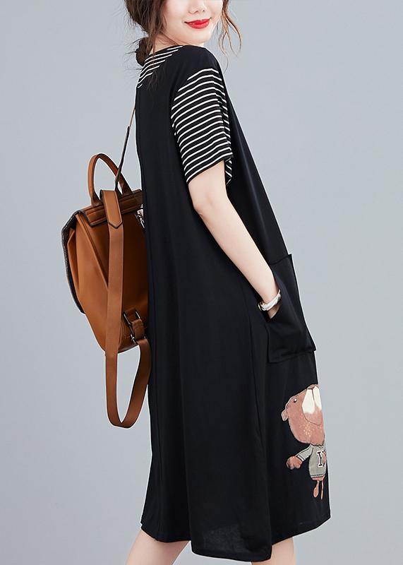 Handmade Black Cartoon Cotton Tunics for False Two Pieces Art Summer Dresses