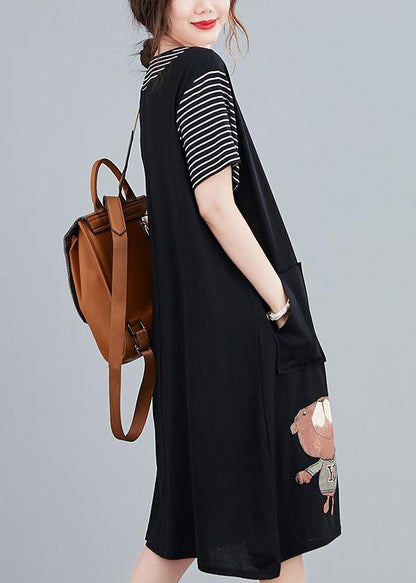 Handmade Black Cartoon Cotton Tunics for False Two Pieces Art Summer Dresses