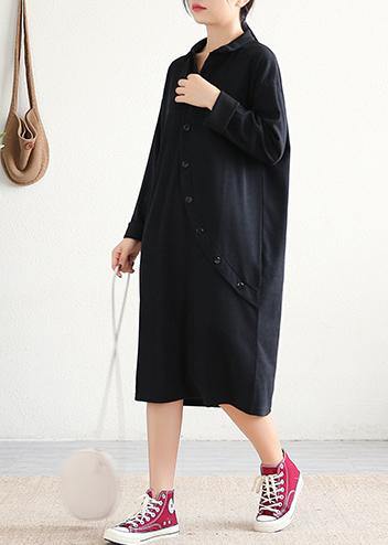 Handmade Black Cotton Tunics Lapel Asymmetric Midi Dress
