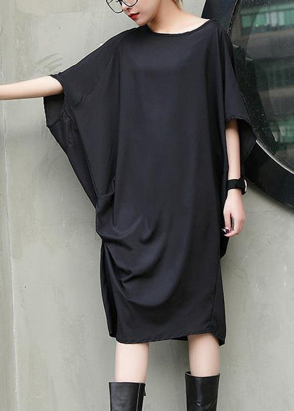 Handmade Black Cotton Tunics Side Ruffles Knee Summer Dresses