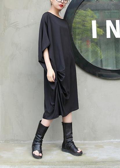 Handmade Black Cotton Tunics Side Ruffles Knee Summer Dresses