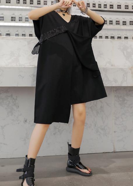 Handmade Black Cotton Clothes V Neck Sequined Tunic Summer Dress