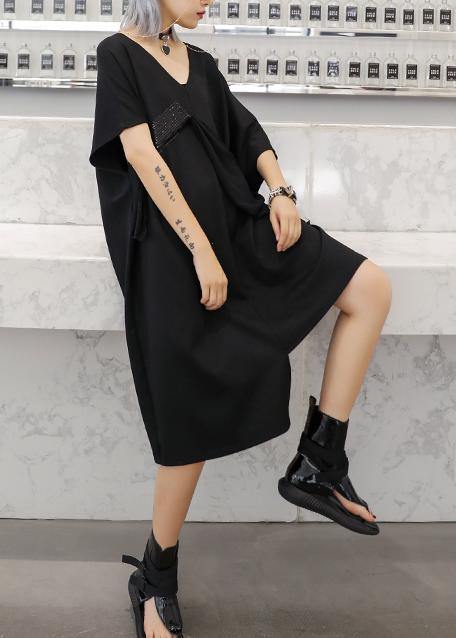 Handmade Black Cotton Clothes V Neck Sequined Tunic Summer Dress