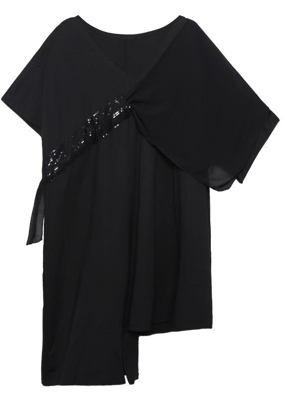 Handmade Black Cotton Clothes V Neck Sequined Tunic Summer Dress