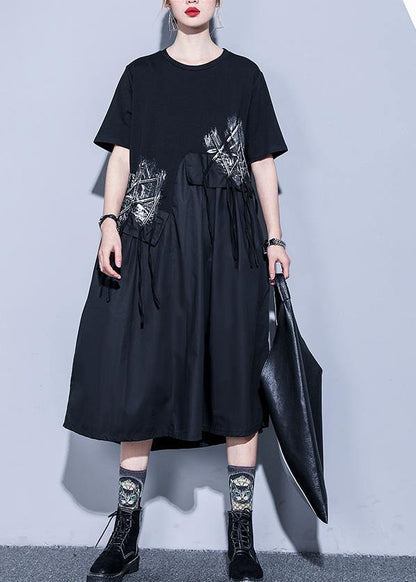 Handmade Black Cotton O Neck Asymmetric Midi Summer Dress