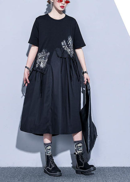Handmade Black Cotton O Neck Asymmetric Midi Summer Dress
