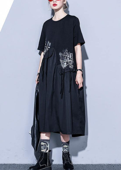 Handmade Black Cotton O Neck Asymmetric Midi Summer Dress