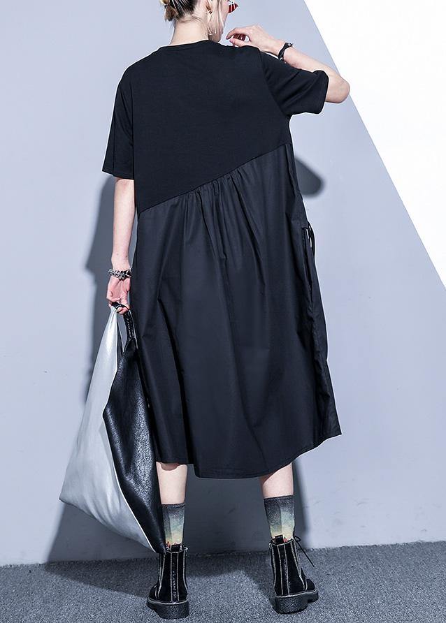 Handmade Black Cotton O Neck Asymmetric Midi Summer Dress