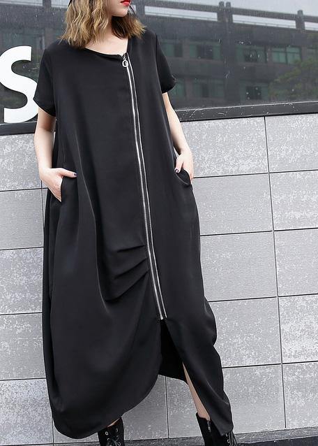 Handmade Black Asymmetric Cotton Long Shirts Zippered Long Summer Dress