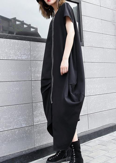 Handmade Black Asymmetric Cotton Long Shirts Zippered Long Summer Dress