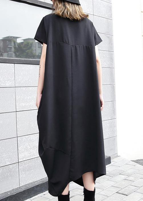 Handmade Black Asymmetric Cotton Long Shirts Zippered Long Summer Dress