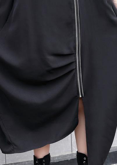 Handmade Black Asymmetric Cotton Long Shirts Zippered Long Summer Dress