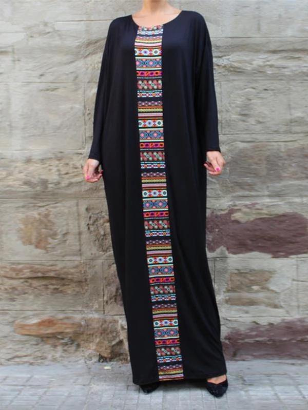Handmade Black Cotton Tunics Patchwork O Neck Robe Dresses