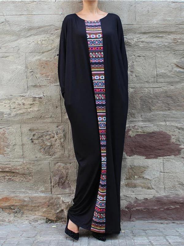 Handmade Black Cotton Tunics Patchwork O Neck Robe Dresses
