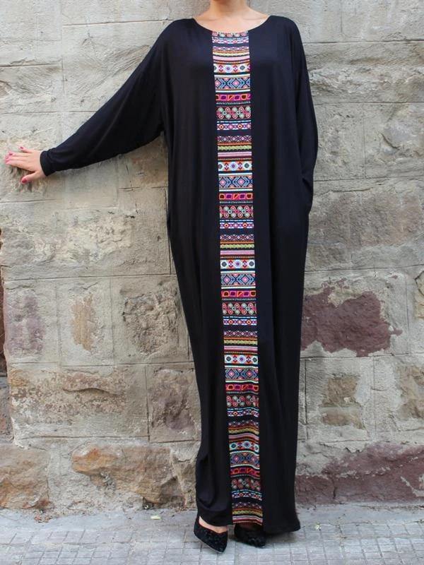 Handmade Black Cotton Tunics Patchwork O Neck Robe Dresses