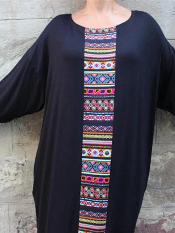 Handmade Black Cotton Tunics Patchwork O Neck Robe Dresses