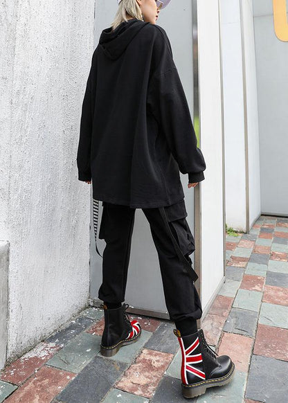 Handmade black cotton tunic pattern hooded oversized fall blouses