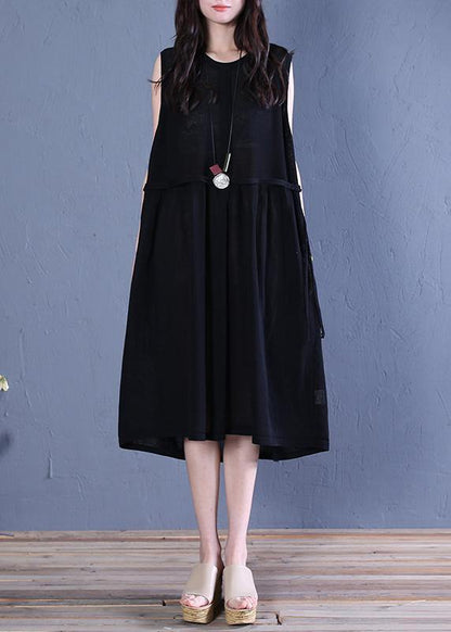 Handmade Black Linen Clothes O Neck Patchwork Shift Summer Dresses