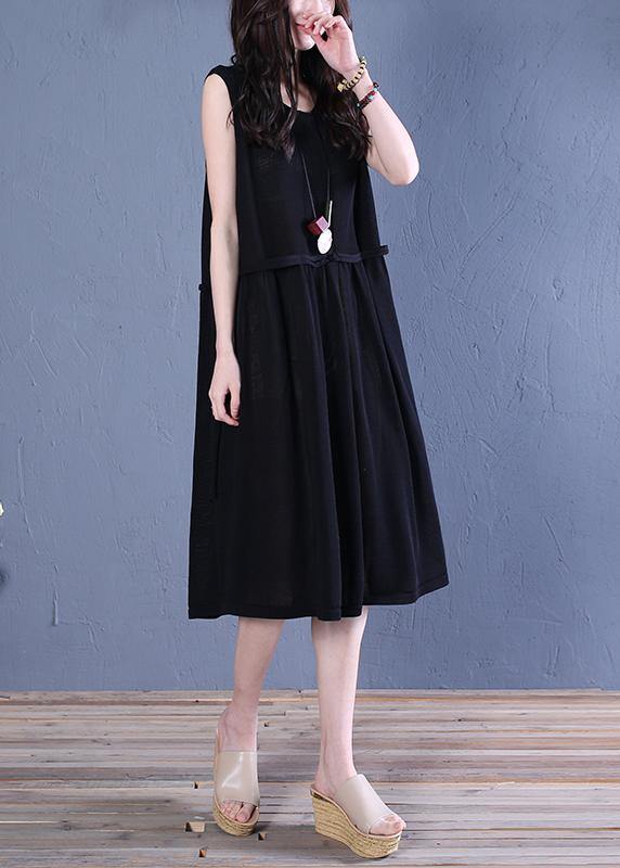 Handmade Black Linen Clothes O Neck Patchwork Shift Summer Dresses