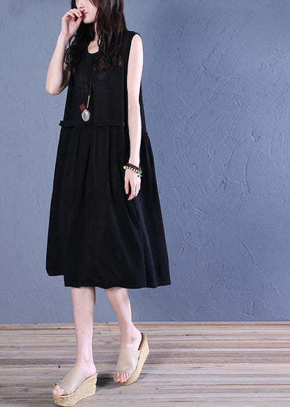 Handmade Black Linen Clothes O Neck Patchwork Shift Summer Dresses