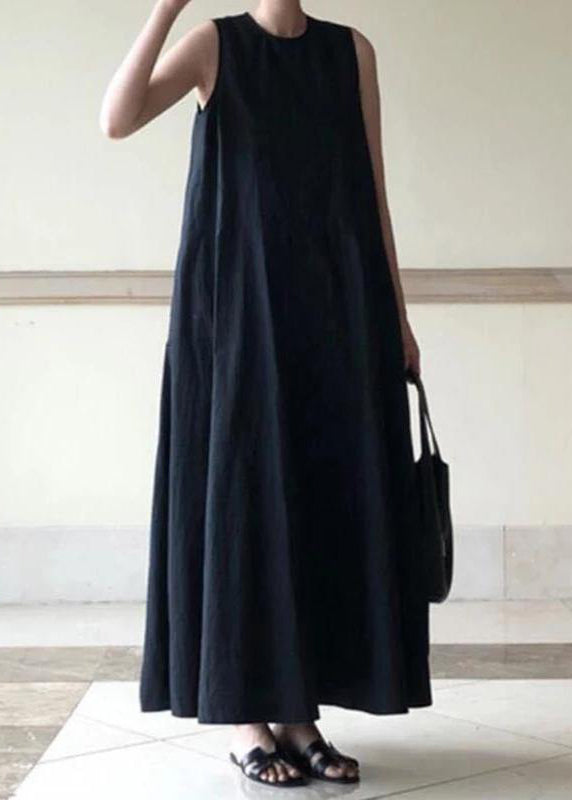 Handmade Blue Linen Dresses O Neck Sleeveless Cotton Robes Summer Dresses
