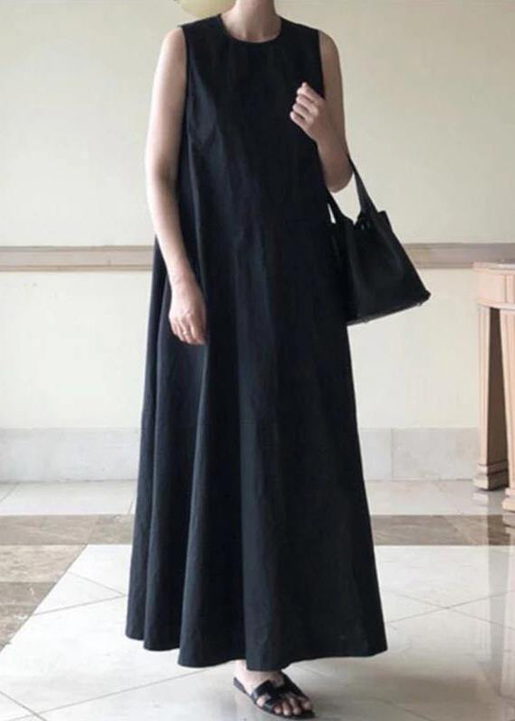 Handmade Blue Linen Dresses O Neck Sleeveless Cotton Robes Summer Dresses