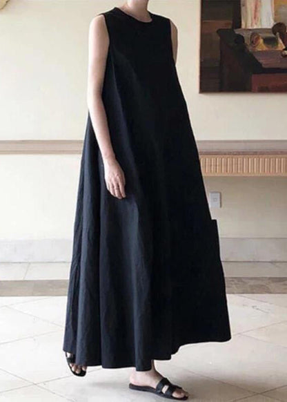 Handmade Blue Linen Dresses O Neck Sleeveless Cotton Robes Summer Dresses