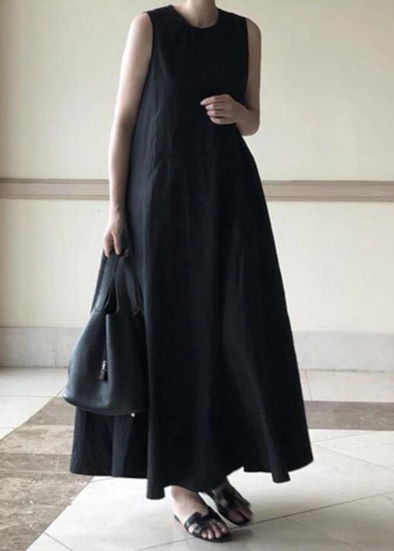 Handmade Blue Linen Dresses O Neck Sleeveless Cotton Robes Summer Dresses
